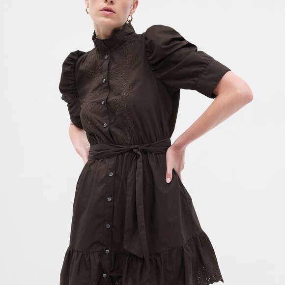 GAP NAVY Puff Sleeve Eyelet Mini Dress Eyelet Mini Shirtdress sz L - Picture 3 of 9